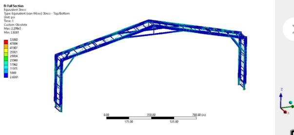 Original long-span roof analysis with stress contours, scale, and model axes